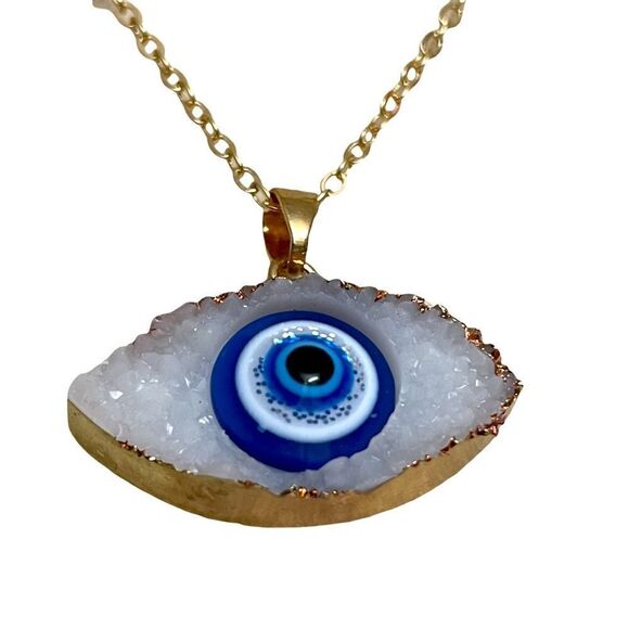 Evil Eye Bohemian Turkish Pendant Necklace w/ Gold Clavicle Chain *New* - Picture 4 of 11